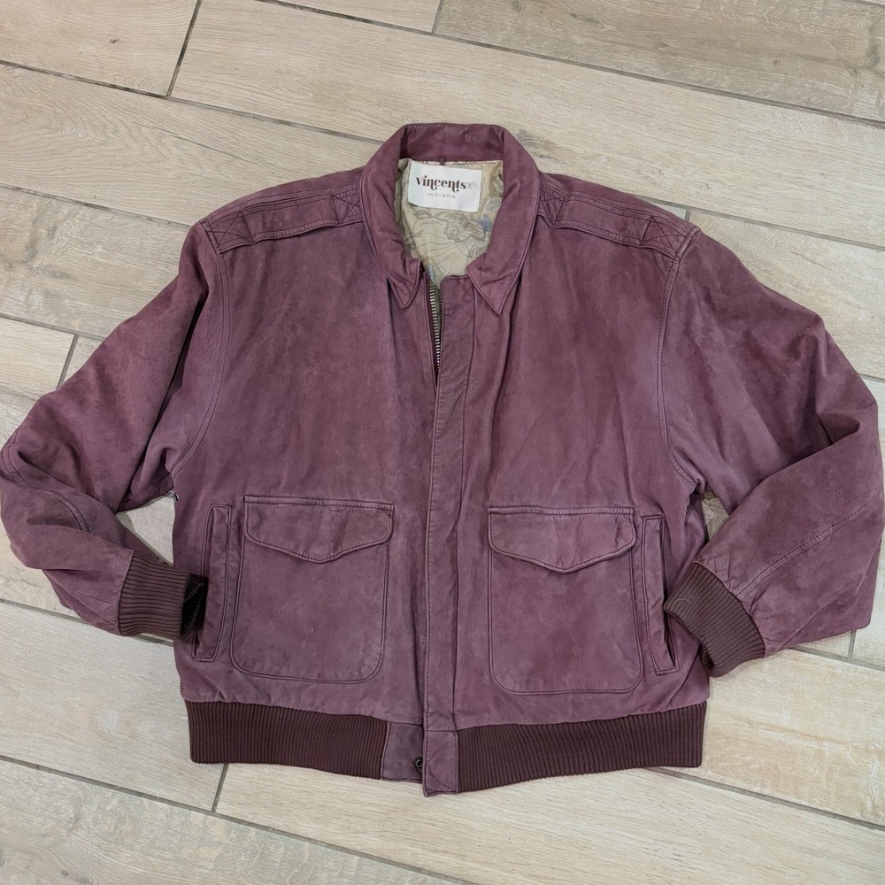 Vincents Indiana Mens Suede Bomber Jacket Purple Map Lined Vintage Style